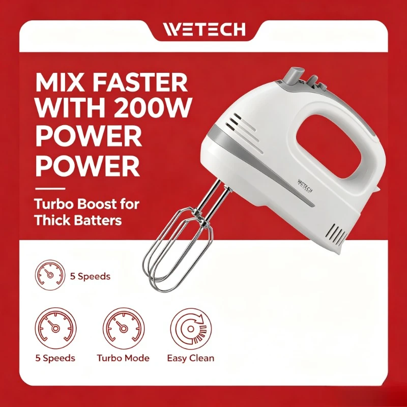 Batteur Électrique WETECH W6315 200W, 5 Vitesses, Fonction Turbo, Fouet en Acier Inoxydable, Crochets Pétrisseurs, AC 220-240V, Batteur à Œufs Domesti