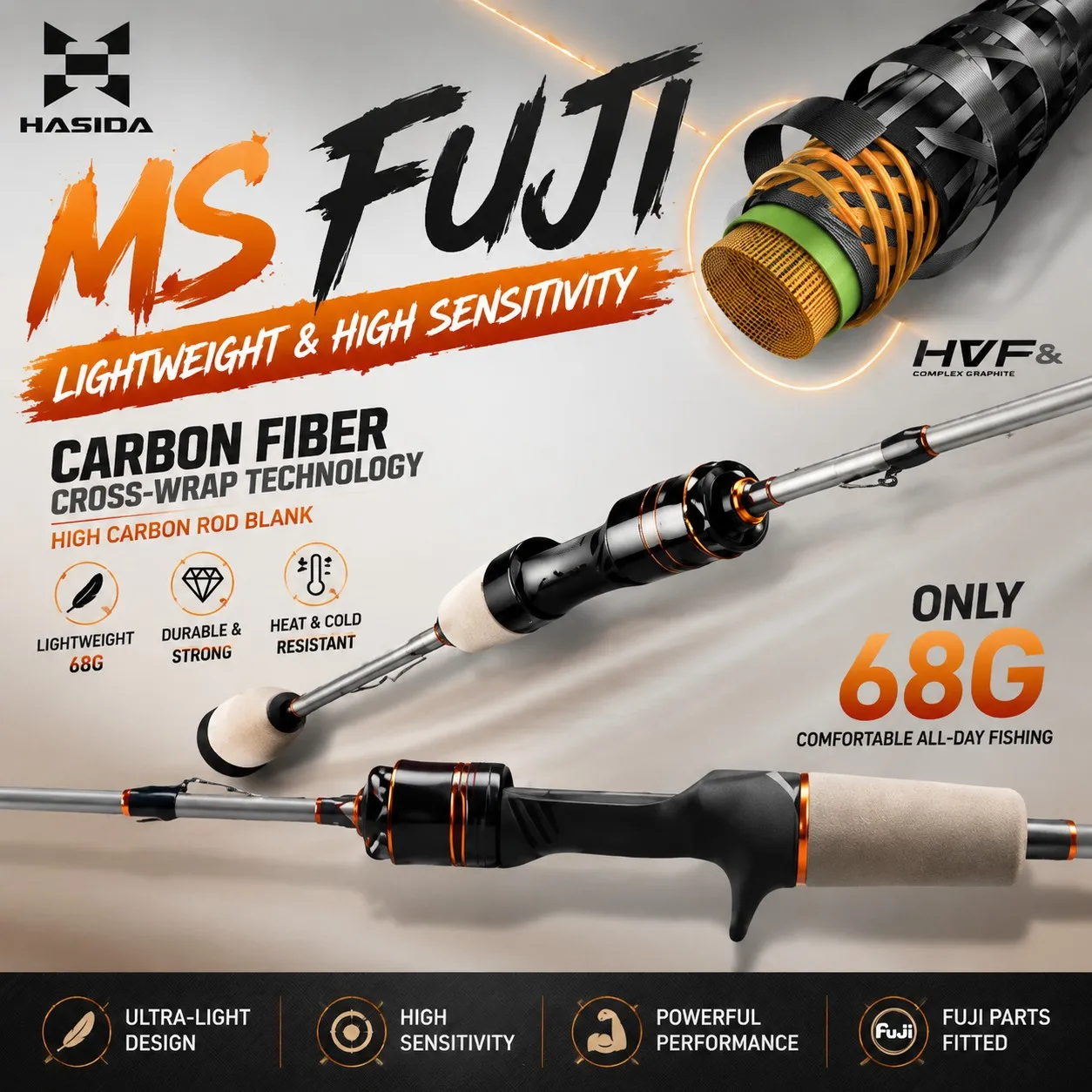 HAISDA MS-X FUJI Version 1,68-2,4m Weitwurf-Angelrute mit O-Ring, Crossline Carbon Tape, hoher Festigkeit, schneller Aktion und UL-MH Härte