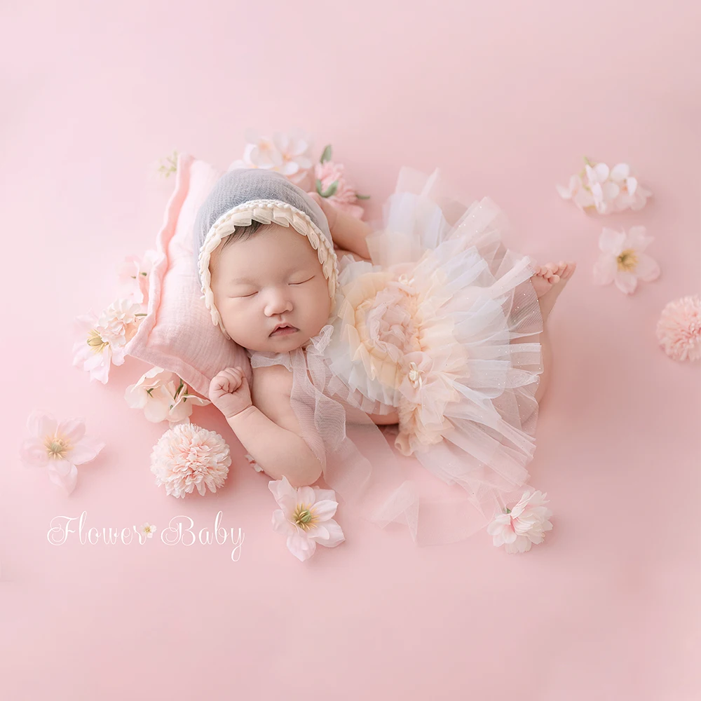 Newborn Girl Photography Props Kit Baby Pink Tulle Tutu Skirt Ear Headband Artificial Flower Decoration Props for Studio Shoots