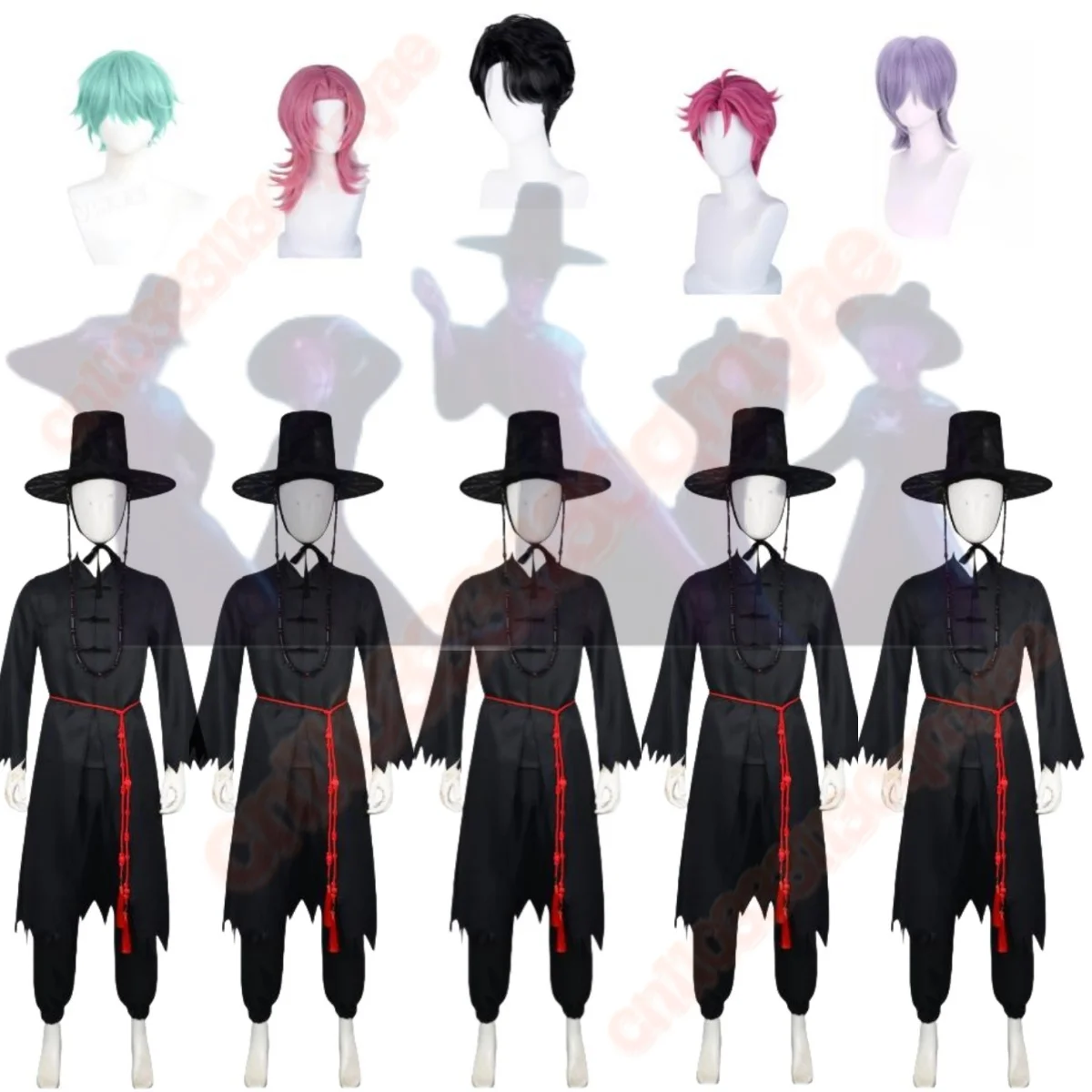 

2025 In Stock Demon Hunters Saja Boys Jinu Abby Mystery Romance Kpop Group Cosplay Costume Wig Halloween Black Suit Hat For Men
