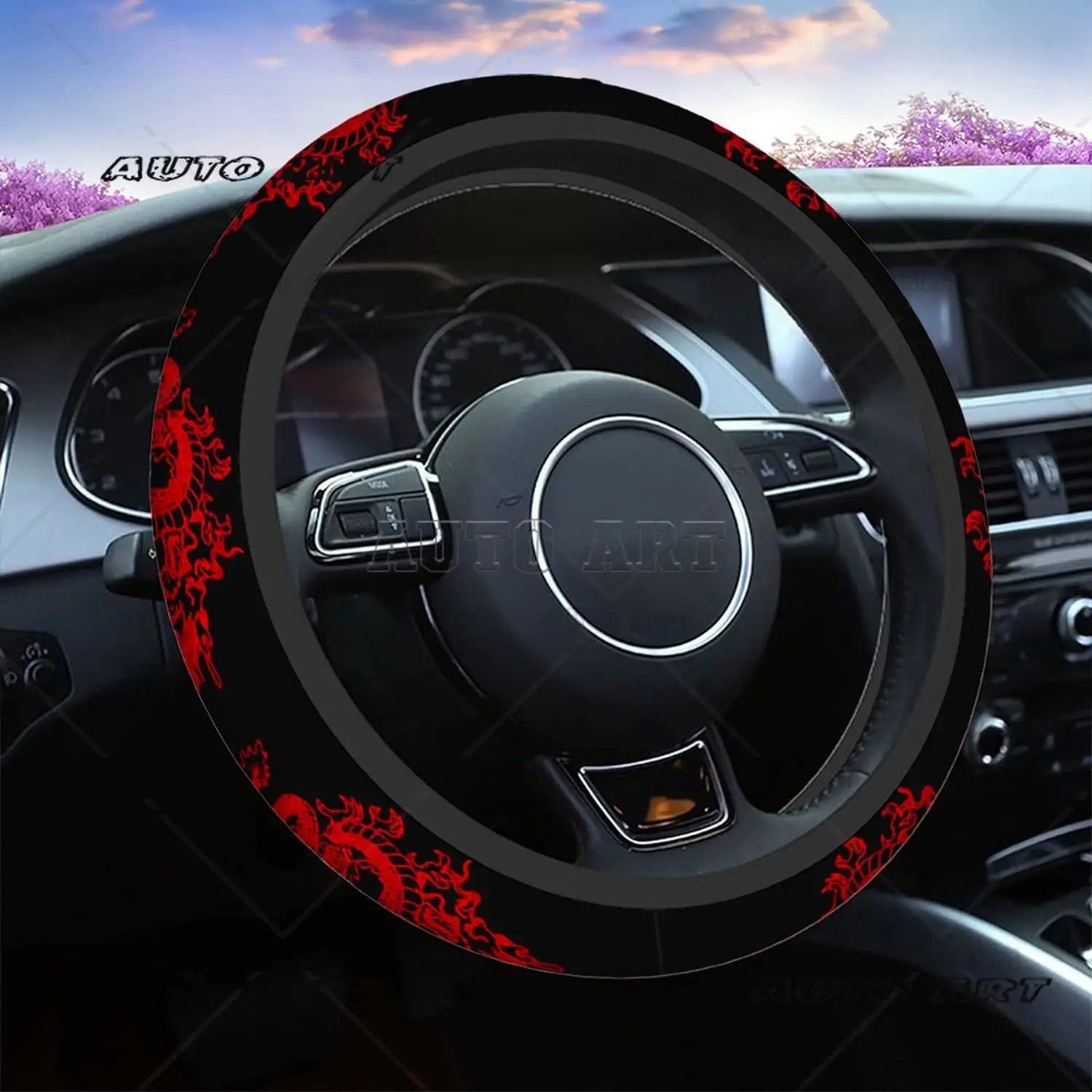 Dragon Red Universal Neoprene Steering Wheel Cover Abstract Chinese Dragon Red Black Steering Printed Steering Wheel