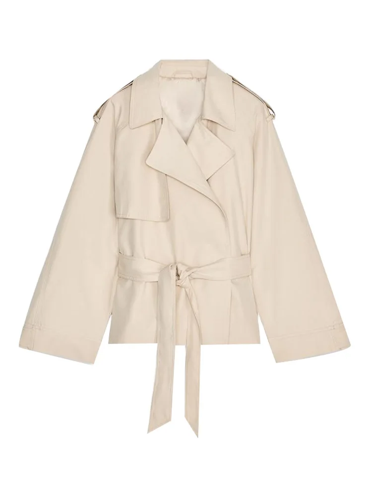 Frühling frauen Abgeschnitten Trenchcoat Spitze Up Apricot Revers Volle Ärmel Lose Dicke Jacken 2025, Mode Dame High Street Outwears