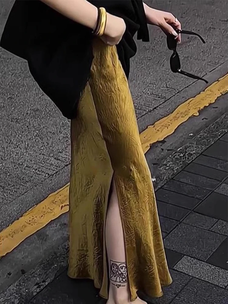 High-End Luxury Gold Satin Half-length Skirt Women's Summer Design Sense Split Wrap-around Skirt High Waist Straight-cut Long...