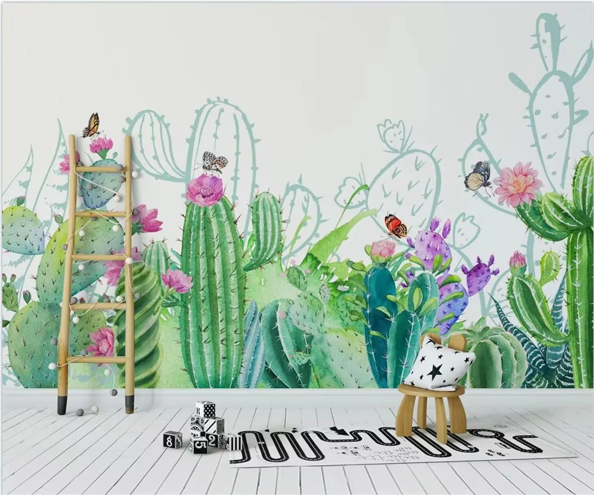 Fotobehang Nordic Cactus Tropische Plant bloemen Muurschildering Woonkamer Slaapkamer Interieur decoratieve waterdichte zijden muurschildering