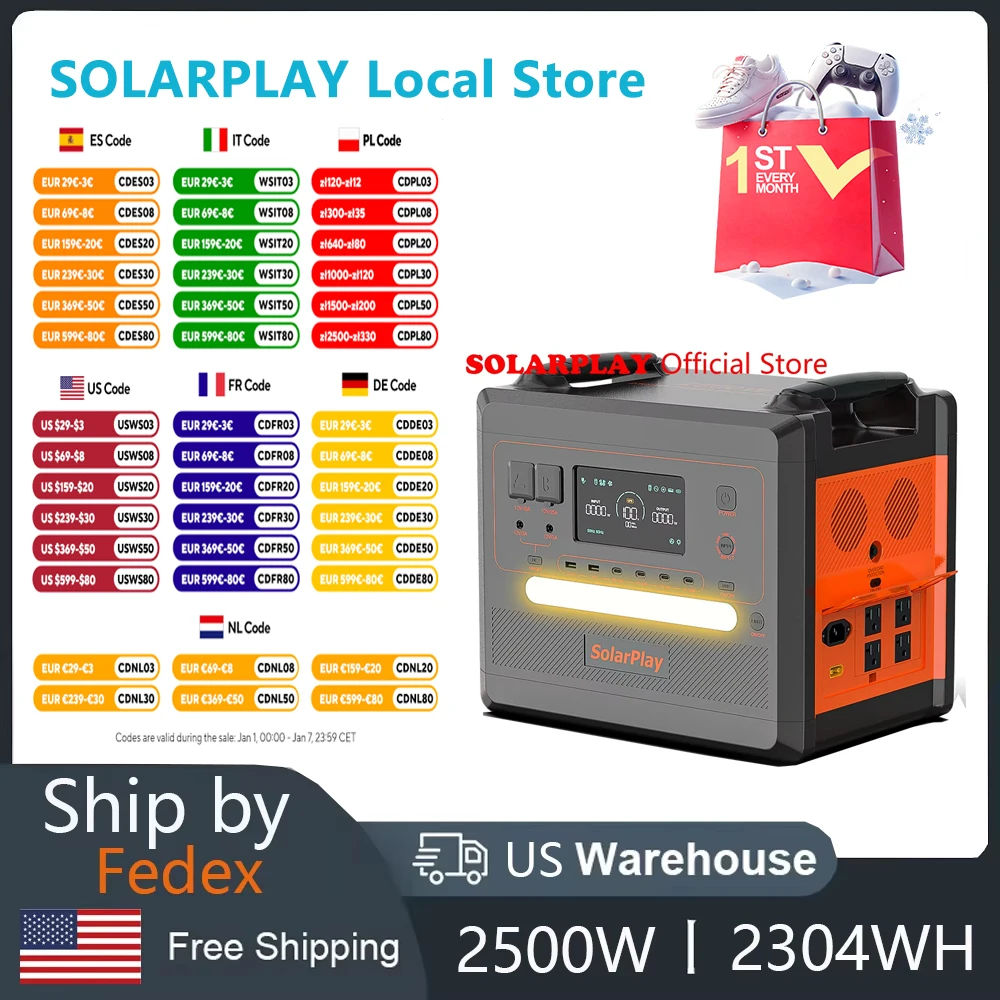 SOLARPLAY Portable Power Station 2500W/2300Wh Solar Generator with 4 AC Outlets (4800W Peak) Large Capacity Emergency Power