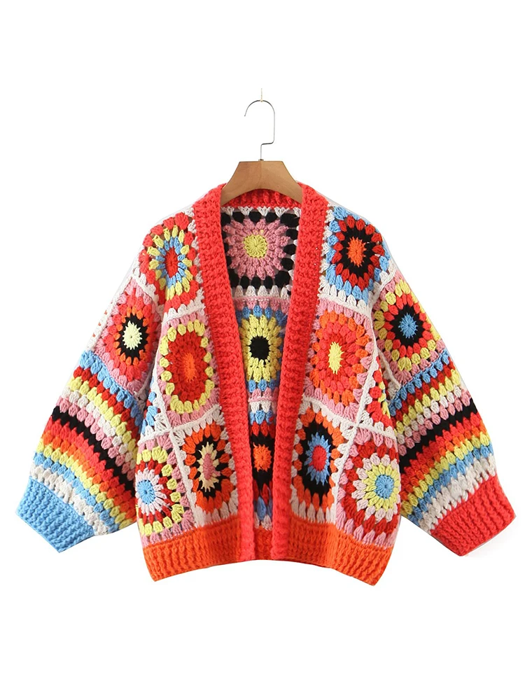 YENKYE New Autumn Women Multicolor Hand Made Crochet Flower Plaid Boho Crop Cardigan Sweater Vintage Batwing Sleeve Loose Coat