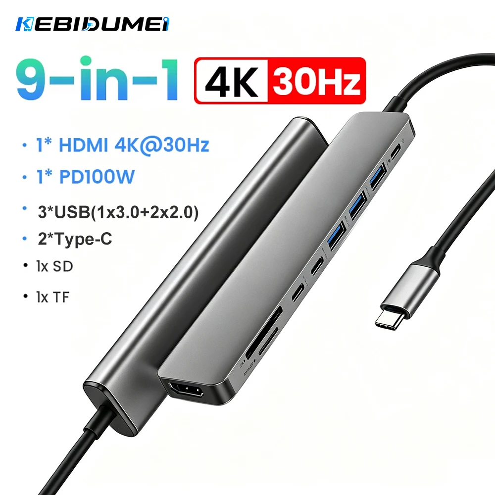 KEBIDUMEI USB HUB 9 in 1 Type-C to 4K30Hz HDMI SD&TF 5Gbps USB3.0 PD100W USB Splitter Docking Station for PC Macbook Accessories
