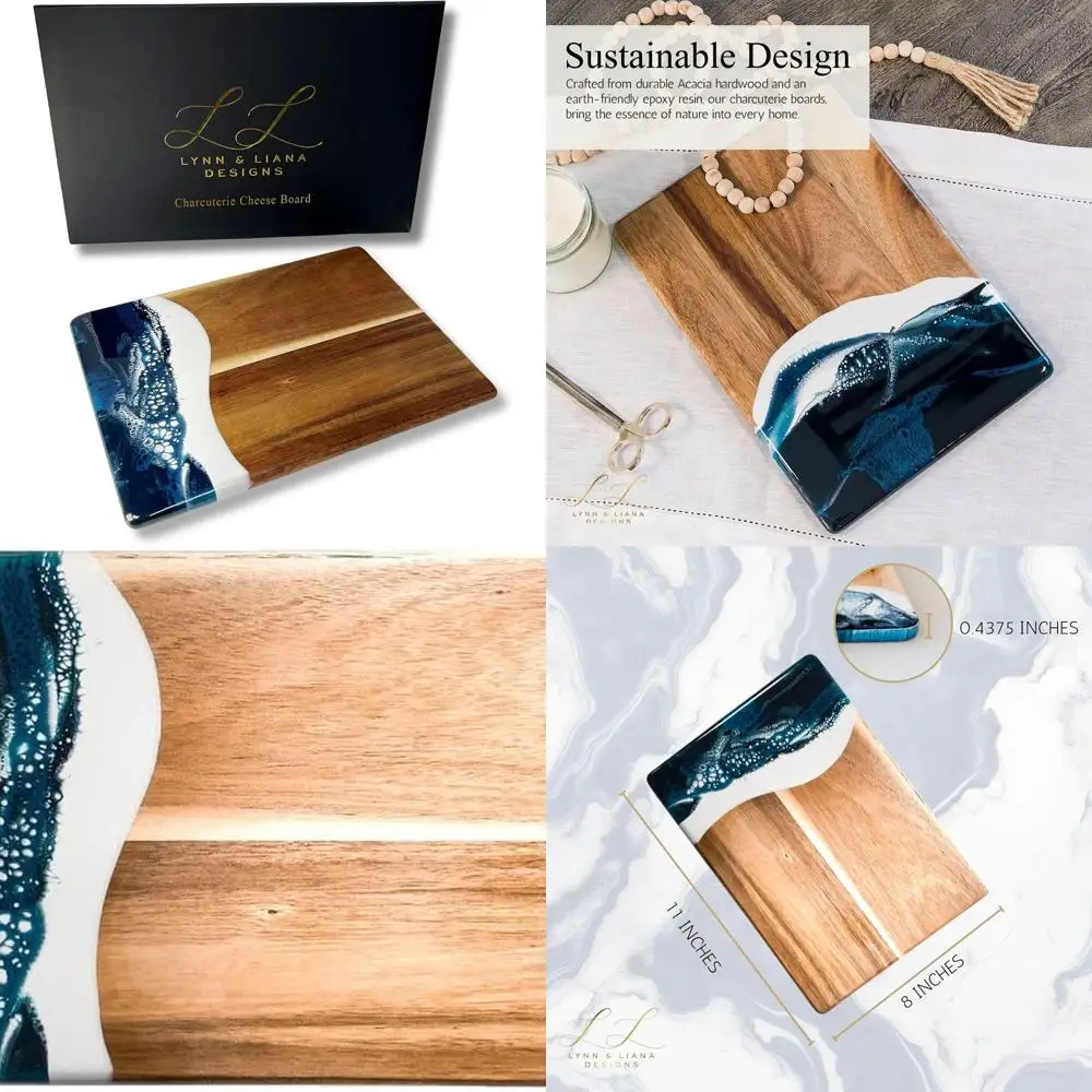 

Elegant Navy & White Acacia Cheese Serving Board | 8 x 11 Wood Resin Handcrafted Charcuterie Board