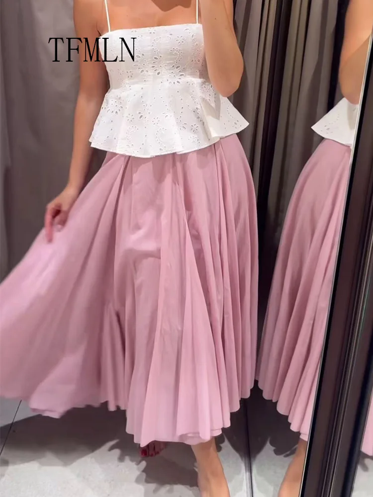 TFMLN 2025 Zomer Vrouwen Roze Geplooide Rokken Mode Causale Maat Rits Plooien A-lijn High Street Rokken Zoete Dames Party Rok