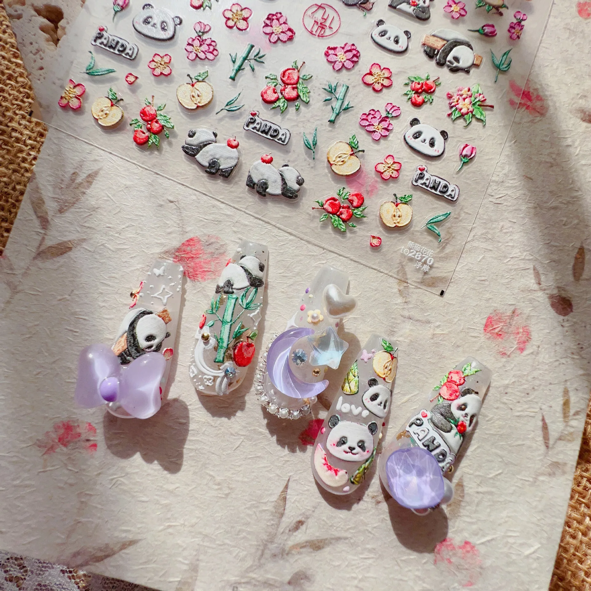 1 Stück 5d chinesische Art Nagel aufkleber hochwertige Panda Apfel Erdbeere Sonnenblume Design Aufkleber Nail Art Dekoration Aufkleber