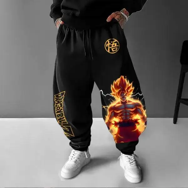 Goku Print Black Cotton Harem Pants New Mens Elastic Waist Street Casual Pants Loose Fit Low Rise Male Fashion Trousers