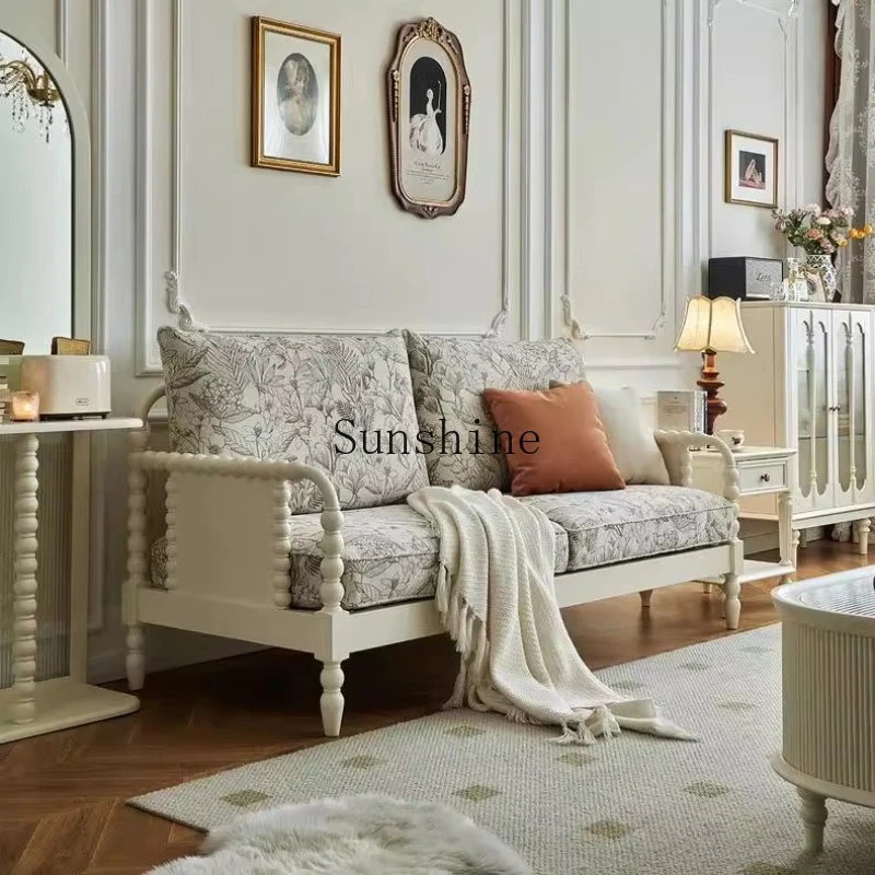 

French cream style white retro solid wood, small apartment fabric sofa living room TV cabinet coffee table combination