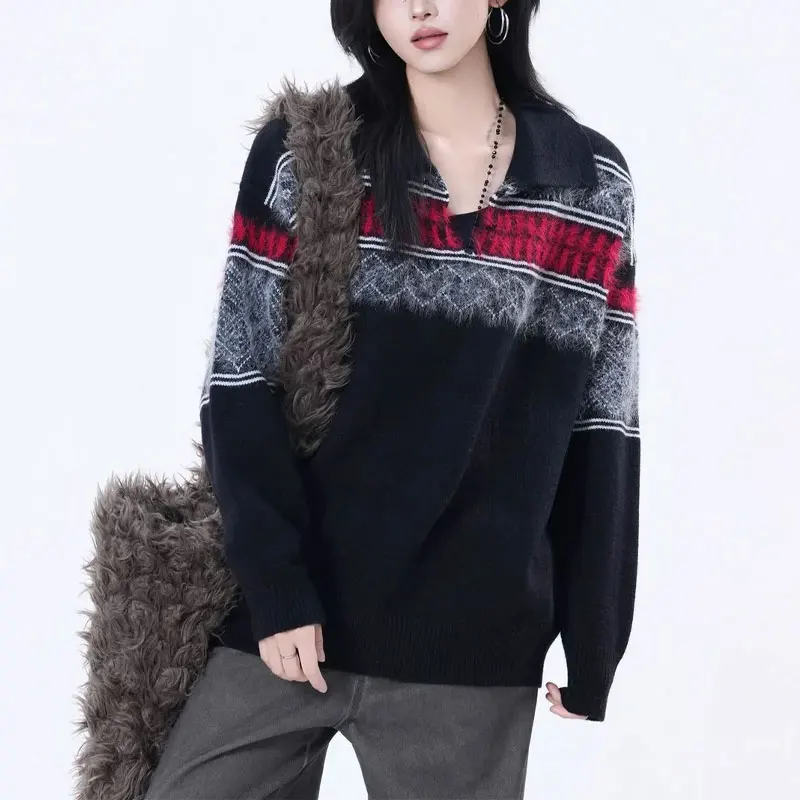 

Female Clothing American Contrasting Colors Pullovers Knitted Autumn Winter Vintage Patchwork Lapel V-Neck Loose Casual Sweaters