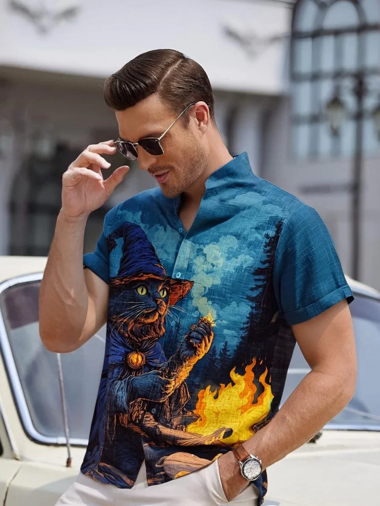 

Мужская повседневная рубашка с принтом «Лесной алхимик», кошка-ведьма, праздничная рубашка на Хэллоуин, летние топы с воротником-стойкой и короткими рукавами, мужские топы