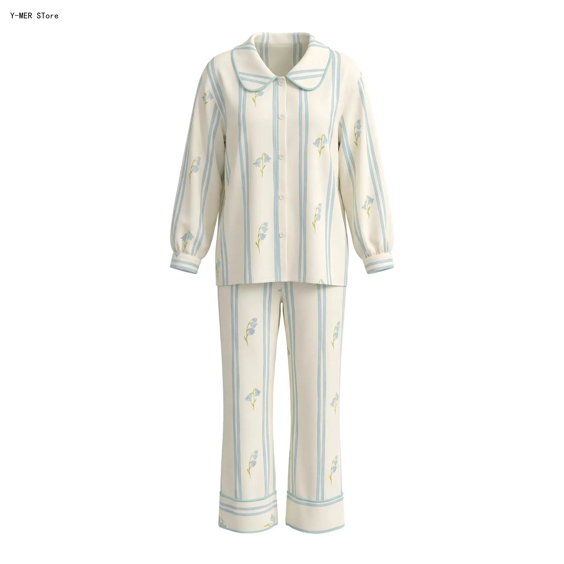 New Autumn Women Striped Floral Cute Lapel Pajama Set Long Sleeve Shirt & Pants Comfy Casual Home Sleepwear Nightwear