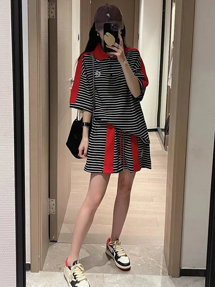 Striped Casual Sports Suit Womens Short Sleeves 2 Piece Sets Women Outfit 2024 New Vintage Stitching Top Shorts Suits Y2K Street