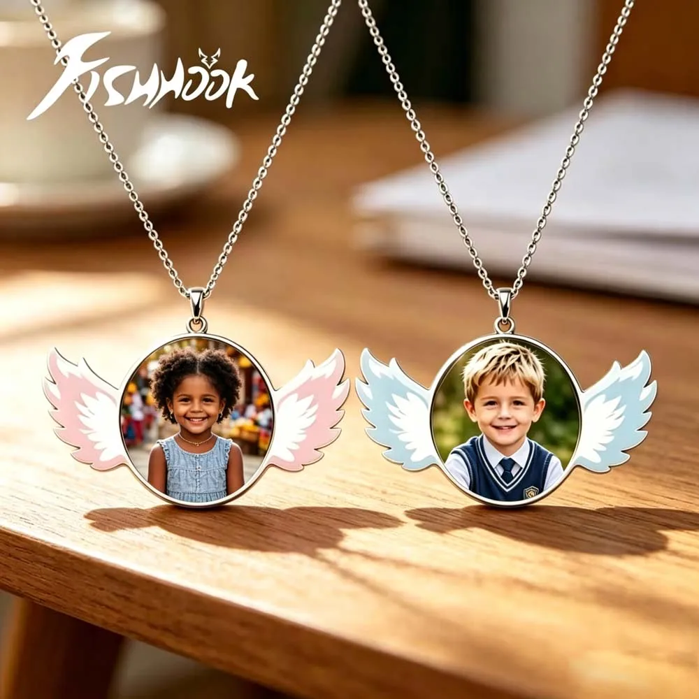 Couple Angel Wing Print Photo Necklace Personalized Picture Custom Gift For Men Woman Mother Chain Stainless Steel Charm Jewelry