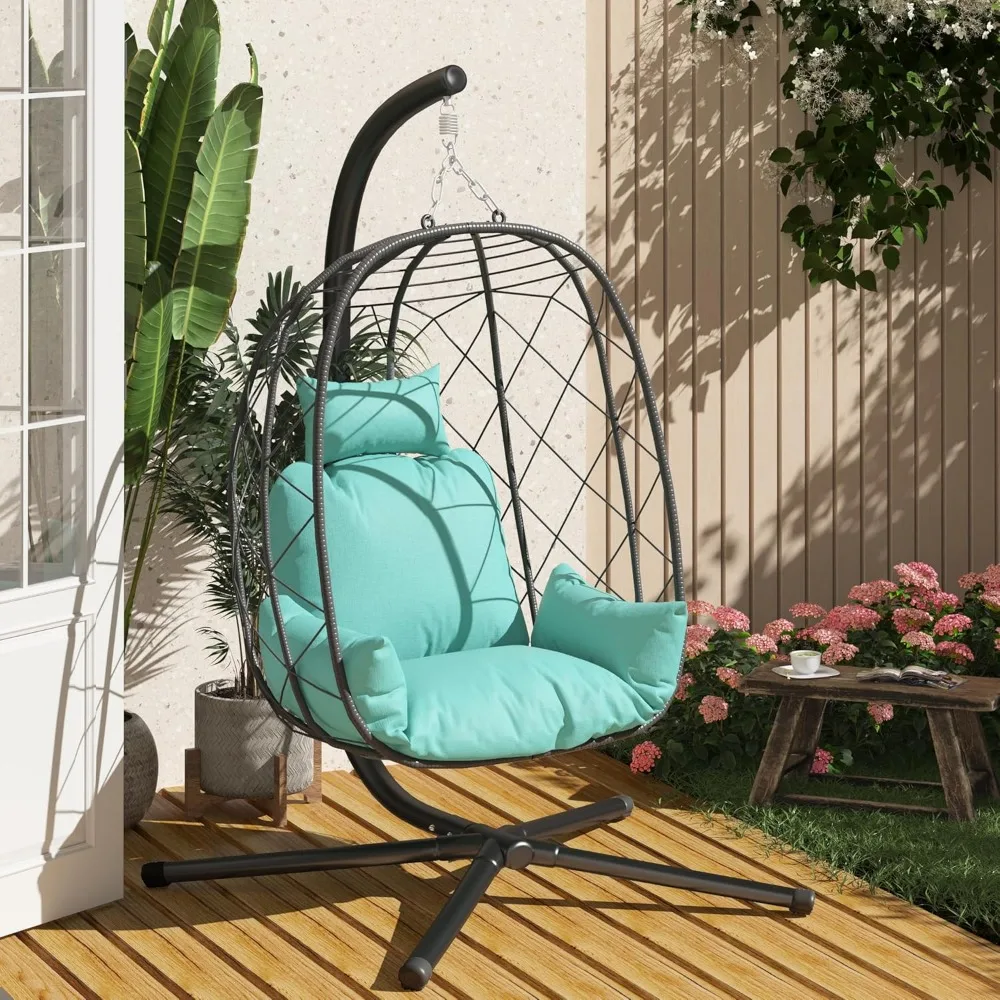 Egg Hanging Swing Chair with Stand and Cushion, Patio Wicker Egg Chair 350lbs Capacity, Indoor Outdoor Hammock Egg Chair for Bed