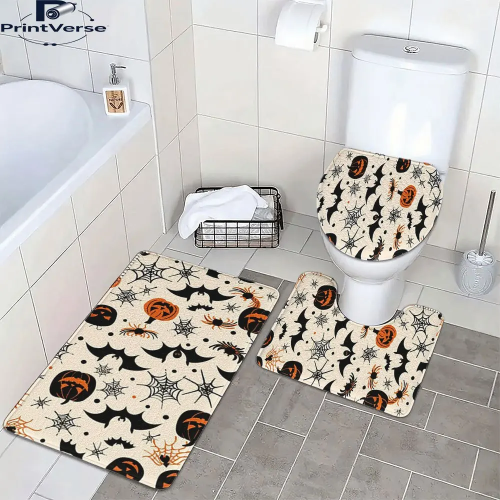 

Набор винтажных ковриков для ванной комнаты на Хэллоуин из 3 предметов — нескользящий, можно стирать в машине, полиэстер 95., геометрический узор с тыквой, летучие мыши