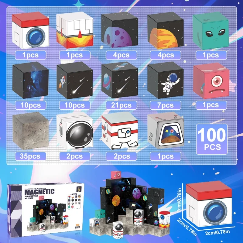 Blocs de construction magnétiques fusée spatiale, 100 pièces, ensemble de cubes de construction magnétiques, tige sensorielle Montessori, jouet de noël pour enfants, cadeau