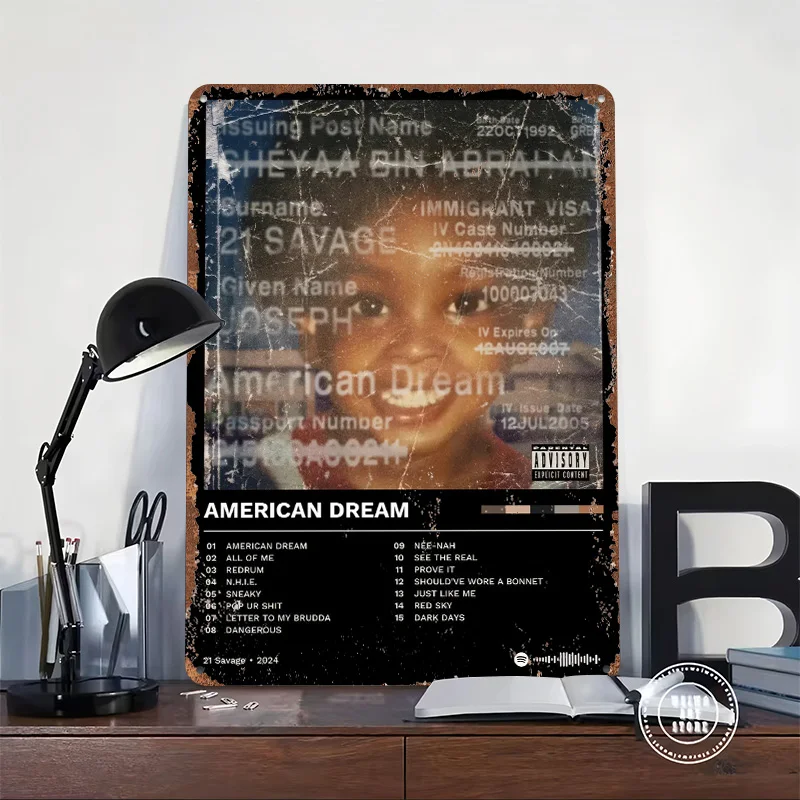 21 Savage - American Dream Album Cover 3D Texture Printed Poster Custom Vintage Metal Tin Plate Sign for Wall Art Room Ornaments
