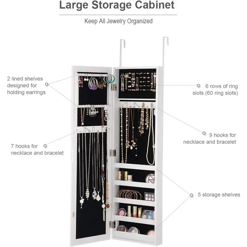 Jewelry Cabinet Armoire Door Wall Mounted, Full Length Mirror and 5 Storage Shelves for Display Bracelets Rings Cosmetic