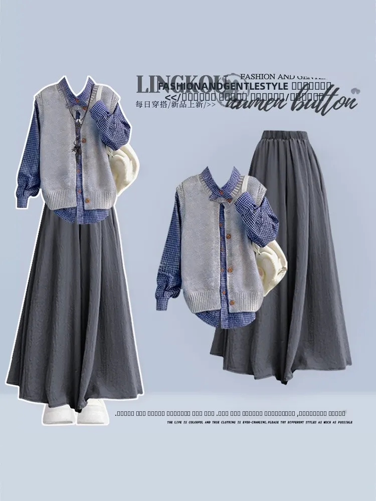 

Anti-Aging Spring Set Women's Lazy Sle Korean Personali Vest with irt Slimming Casual Skirt Pants Tee-Piece Set