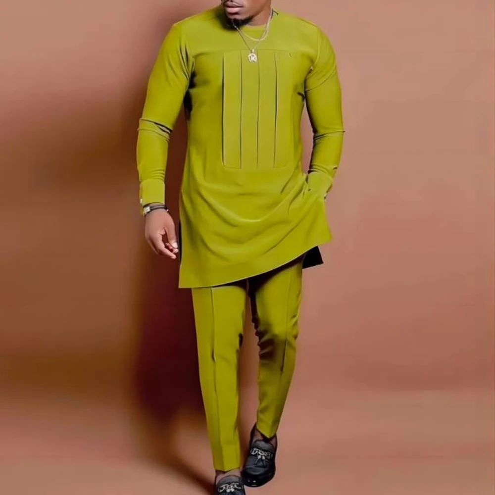 Afrikanische traditionelle Mann Outfit Männer 2 Stück Anzüge lang ärmel ige Rundhals ausschnitt männlich setzt Hemd Top Hose ethnischen Stil Freizeit kleidung Kleidung – Detail 2