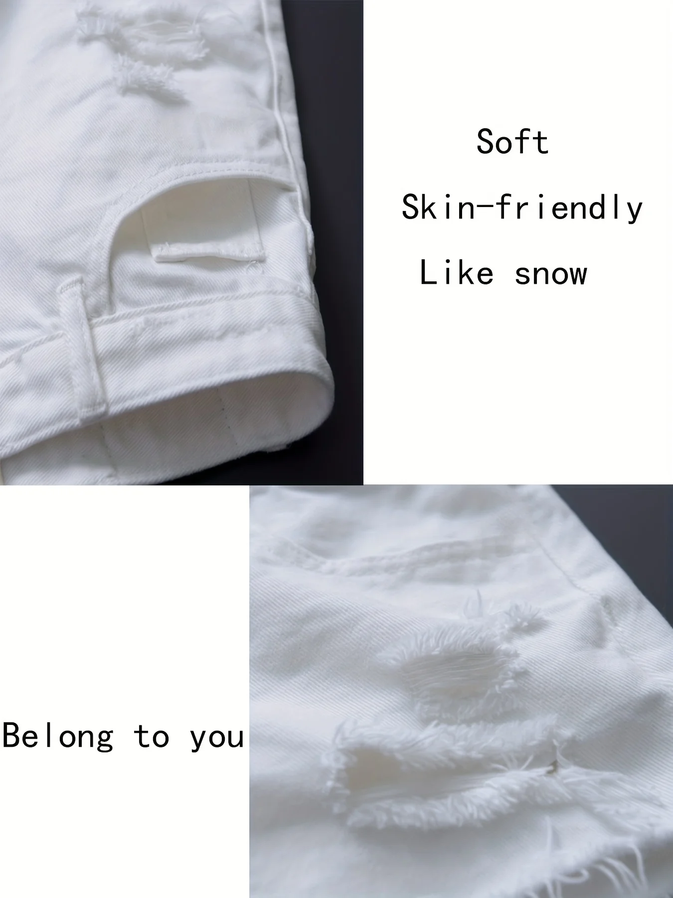 Bermuda da donna elegante in denim bianco puro a vita alta, vestibilità slim elasticizzata, pantaloncini versatili in denim strappato bianco tinta unita