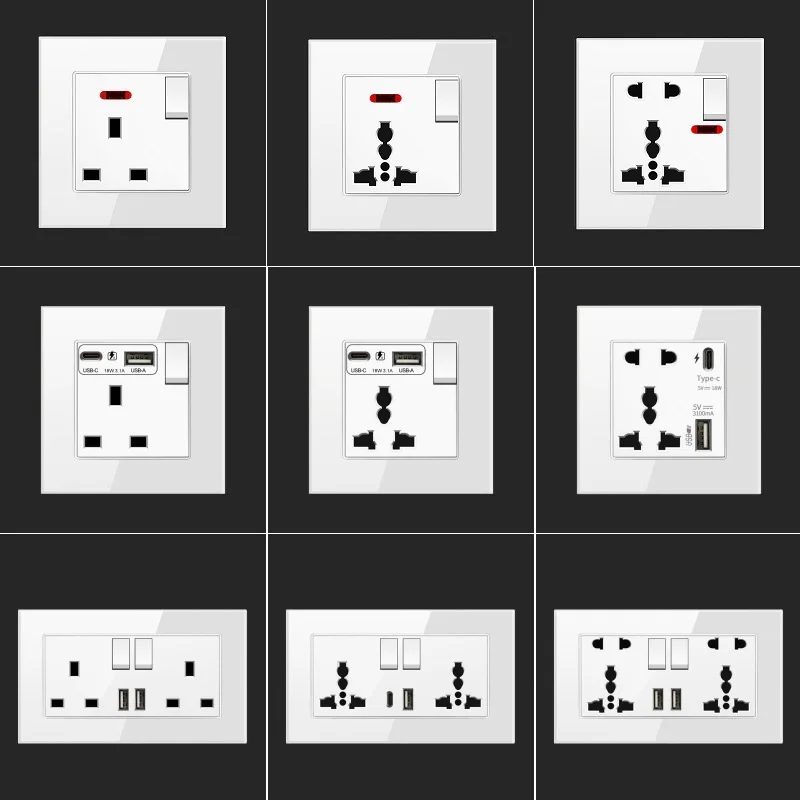 

13A Luxury White Crystal Tempered Glass Sockets 2USB Fast Charge Type C USB Outlets UK Hongkong African Standard