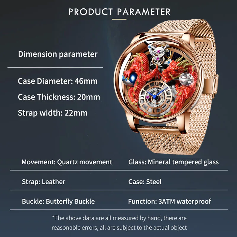 PINDU Design Celestial Body Series Traditionnelle Artisanat Orologio da uomo tridimensionale con drago Specchio curvo Globo trasparente