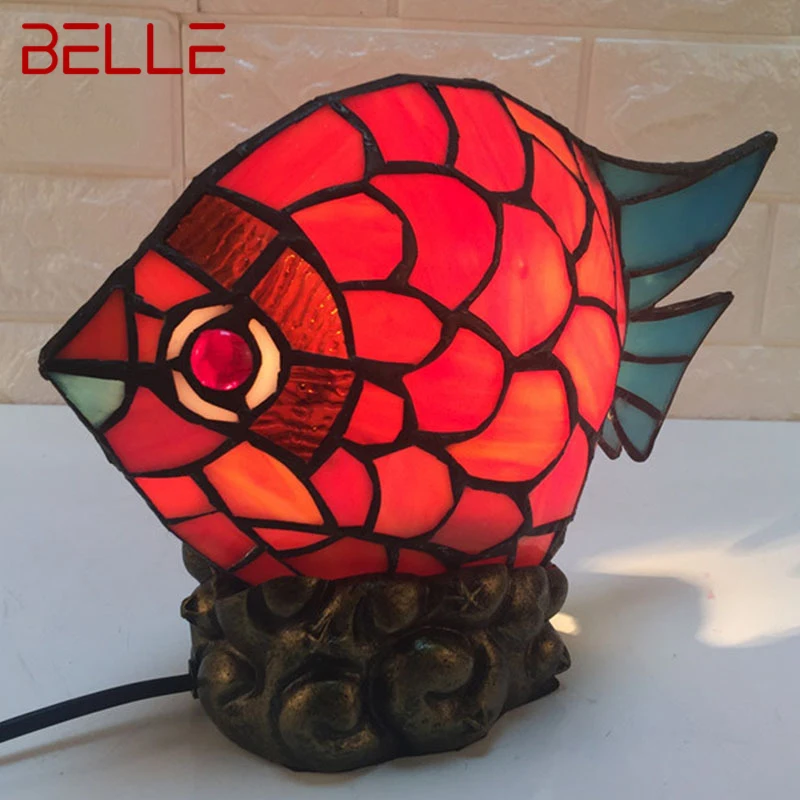 BELLE Tiffany Glass Table Lamp LED Creative Novelty Red Small Fish Desk Light For Home Study Bedroom Bedside Decor