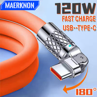 120W 6A Fast Charging USB C Cable 180 Degree Rotation Elbow Phone Charger Date Cord For iPhone Samsung Xiaomi Quick Charge Wire