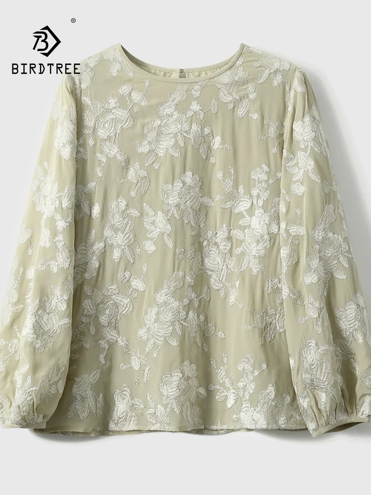 

BirdTree-Bottom 100%Real Silk Elegant Shirt, Long Sleeve Embroidery, Women Temperament Loose Blouse, 2026 Spring New T63734CC