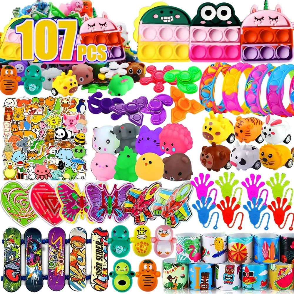 

107 PCS Party Favors Toys, Treasure Box Toys for Classroom, Pop Fidget Toys Treasure Chest for Kids Prizes Classroom, Bulk Pinat
