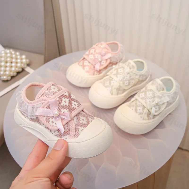 

Children's Print Bow Design Fashion Low Top Casual Canvas Shoes 2025 Autumn Girls' Soft Sole Comfortable Versatile Flat Sneakers