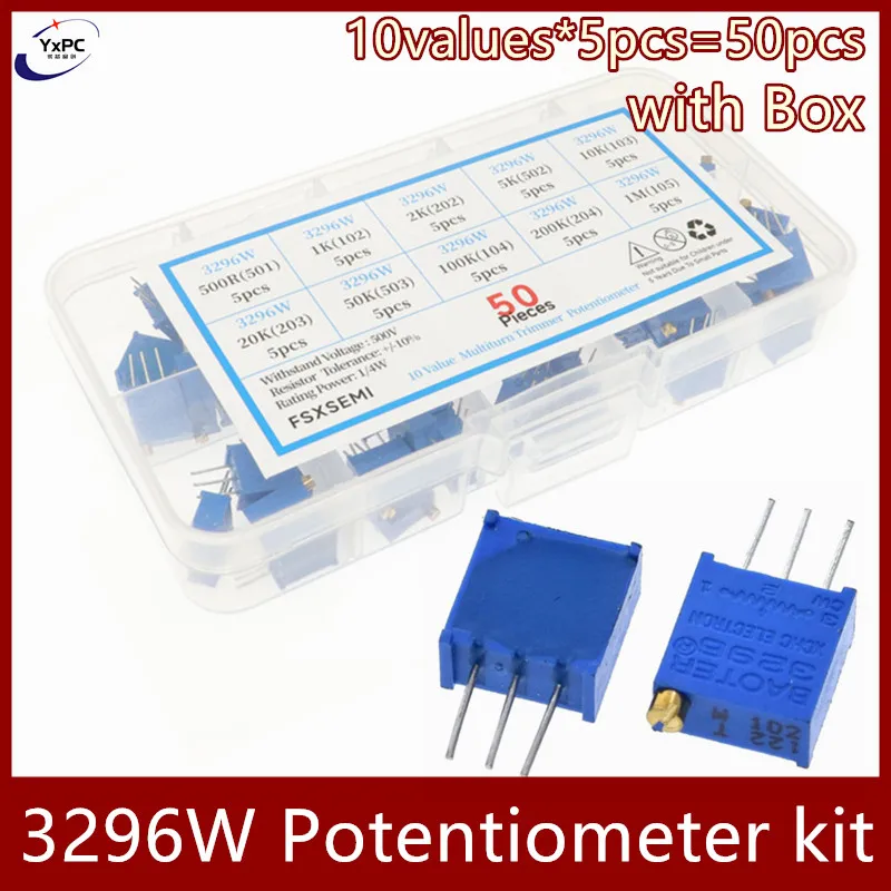 

3296W Trimmer Potentiometer Kit 10values*5pcs=50pcs High Precision 3296 Variable Resistor 500R 1K 2K 5K 10K 20K 50K 100K 200K 1M