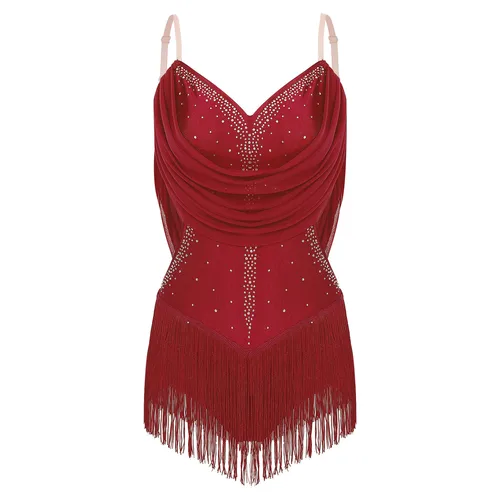 Imagen 2 del producto Vestido de leotardo de baile de Tango latino con borlas de malla para mujer, cortinas fruncidas, diamantes de imitación brillantes, correas ajustables, mono con flecos recortados