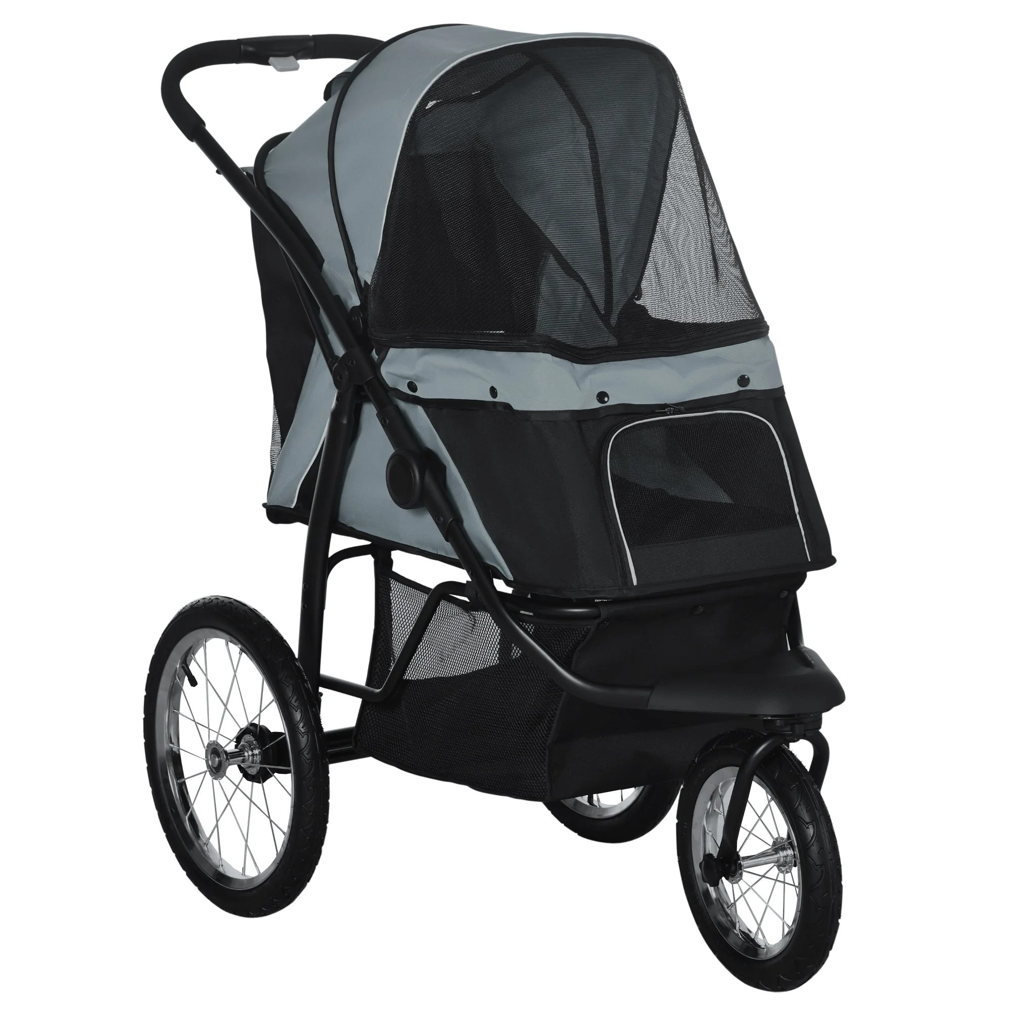Poussette pliable pour chiens et chats avec bandes réfléchissantes, panier de rangement, auvent pare-soleil et fenêtres en maille, Oxford gris, chariot à 3 roues pour animaux de compagnie de petite à moyenne taille jusqu'à 20 kg