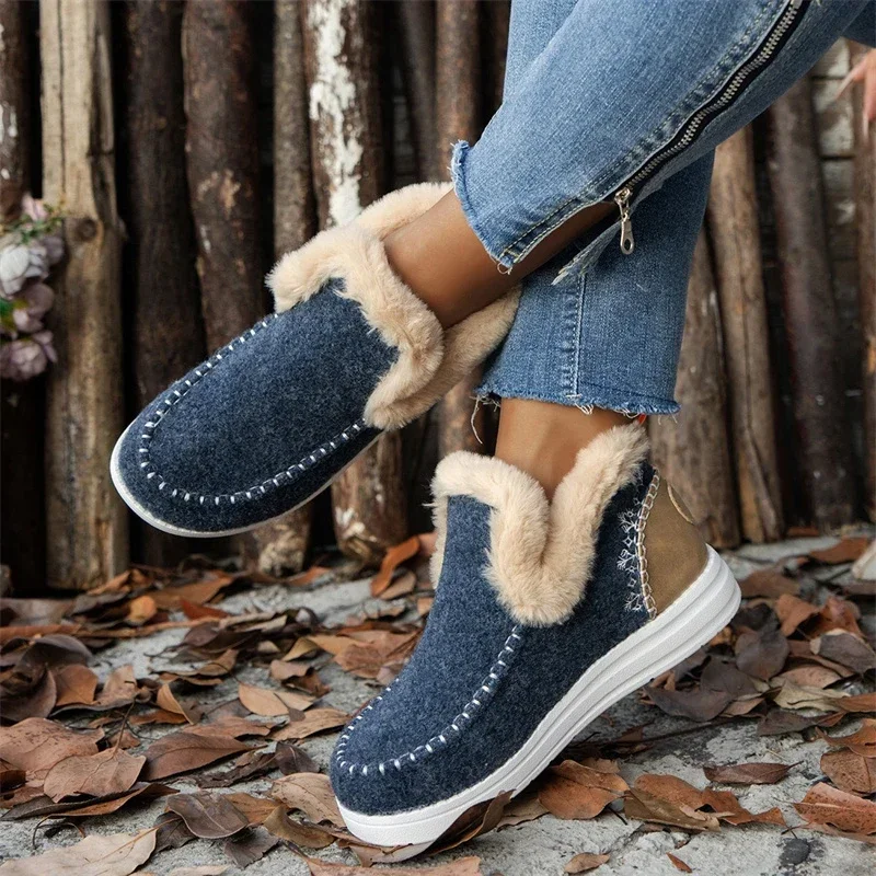 2024 Winter New Thick soled Snow Boots for Women with Thick Fury and Warmth, Large Size Sewing Bag Cotton Shoes for Women