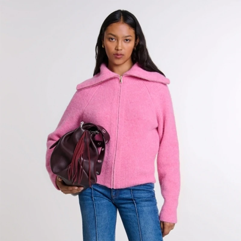 

Новый осенне-зимний вязаный топ Dopne с розово-синим воротником для женщин, свободный крой, длинный рукав, для повседневной носки