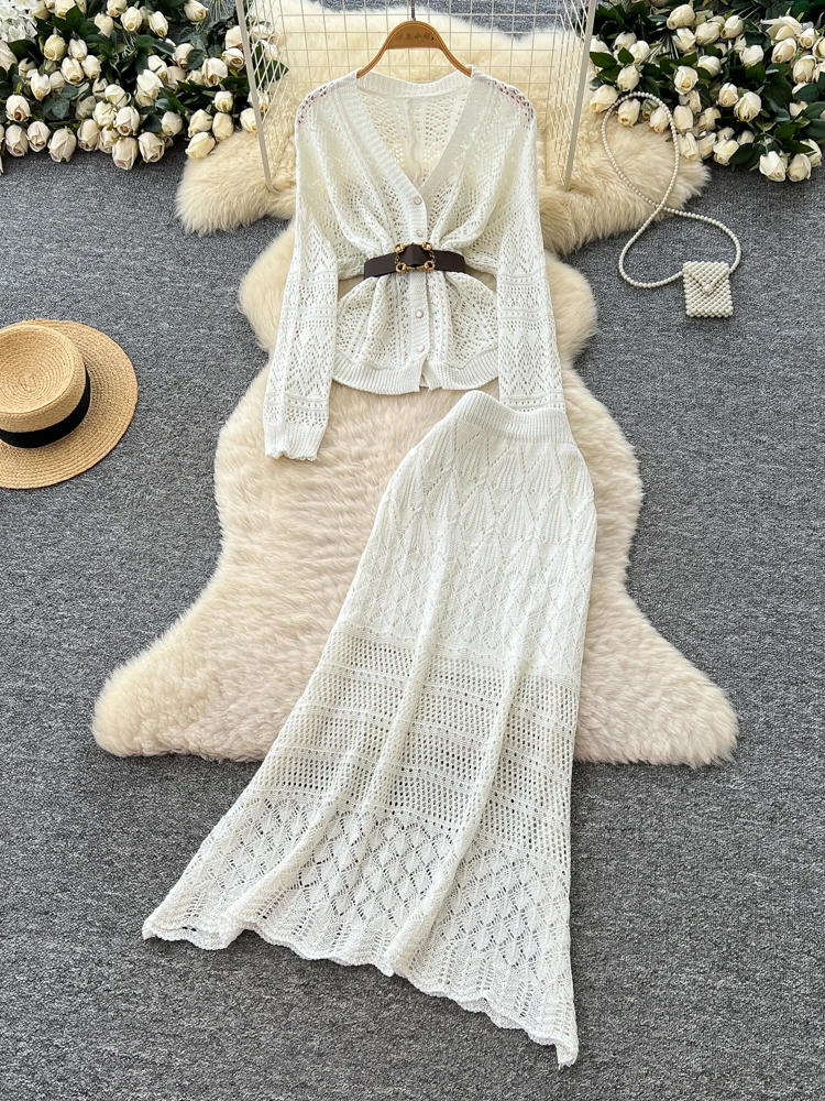 

Korean Sle Women's Autumn Faion Set High Waist Knitted Open Cardigan Long Sve Bight Hollow out Hook Flower Skirt