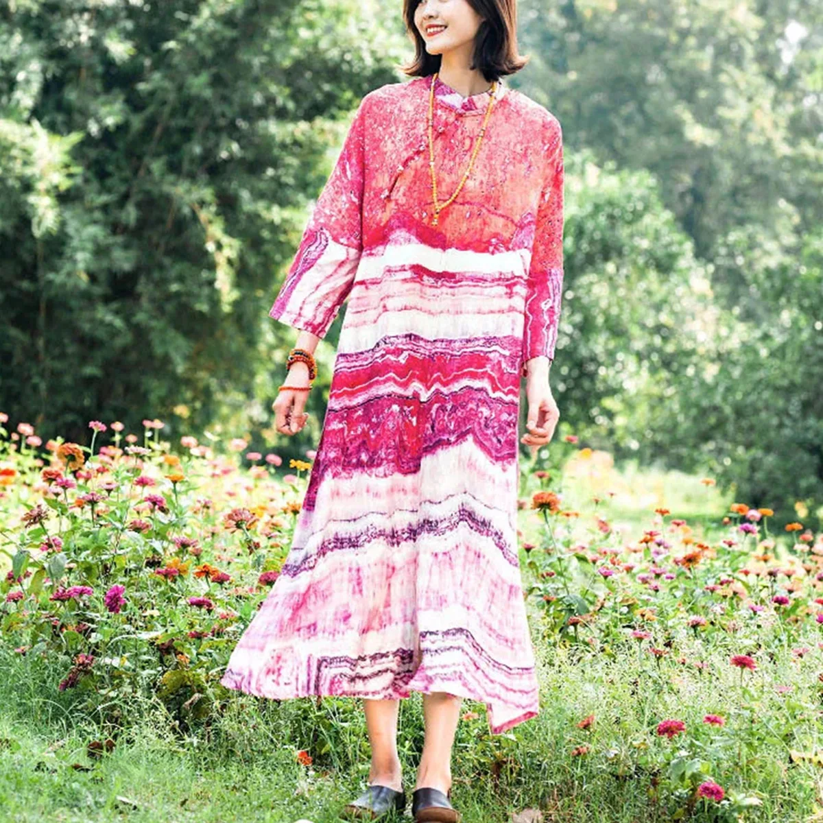 

Хлопковое саржевое цветное платье макси с принтом 3/4 и длинным рукавом, восточные женские осенние богемные свободные длинные платья с воротником-стойкой и пряжкой