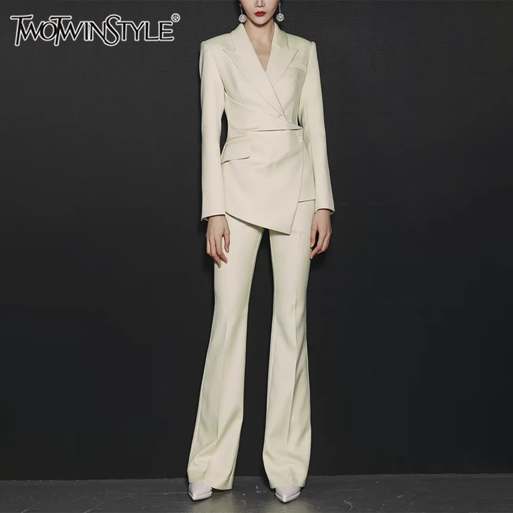 

TWOTWINSTYLE Minimalist Two Piece Set For Women Notched Collar Long Sleeve Blazer High Waist Flare Pant Slimming Sets Female New