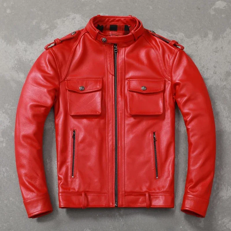 Men Leather Jacket Handsome Short Red Genuine Cowhide Biker Leather Jacket Black Tanned Sheepskin Slim Fit Jackets Autumn