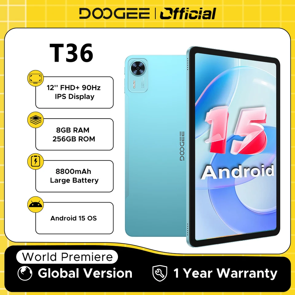 DOOGEE T36 Android 15 Tablet 12'' FHD+ 90Hz IPS Display 8GB 256GB