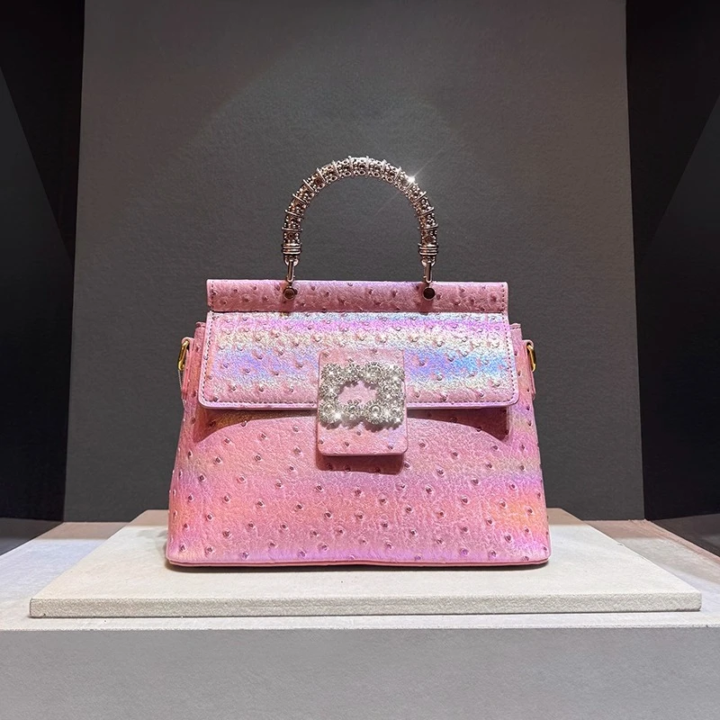 Luxury Brand Diamond Handbag 2025 New Bag Handbag Real Leather Bag Shoulder Crossbody Bag Ostrich Pattern for Women - Image 2