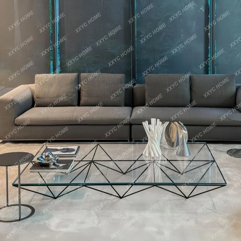 Wrought iron geometric coffee table ultra-white tempered glass, creative square sofa table simple and modern