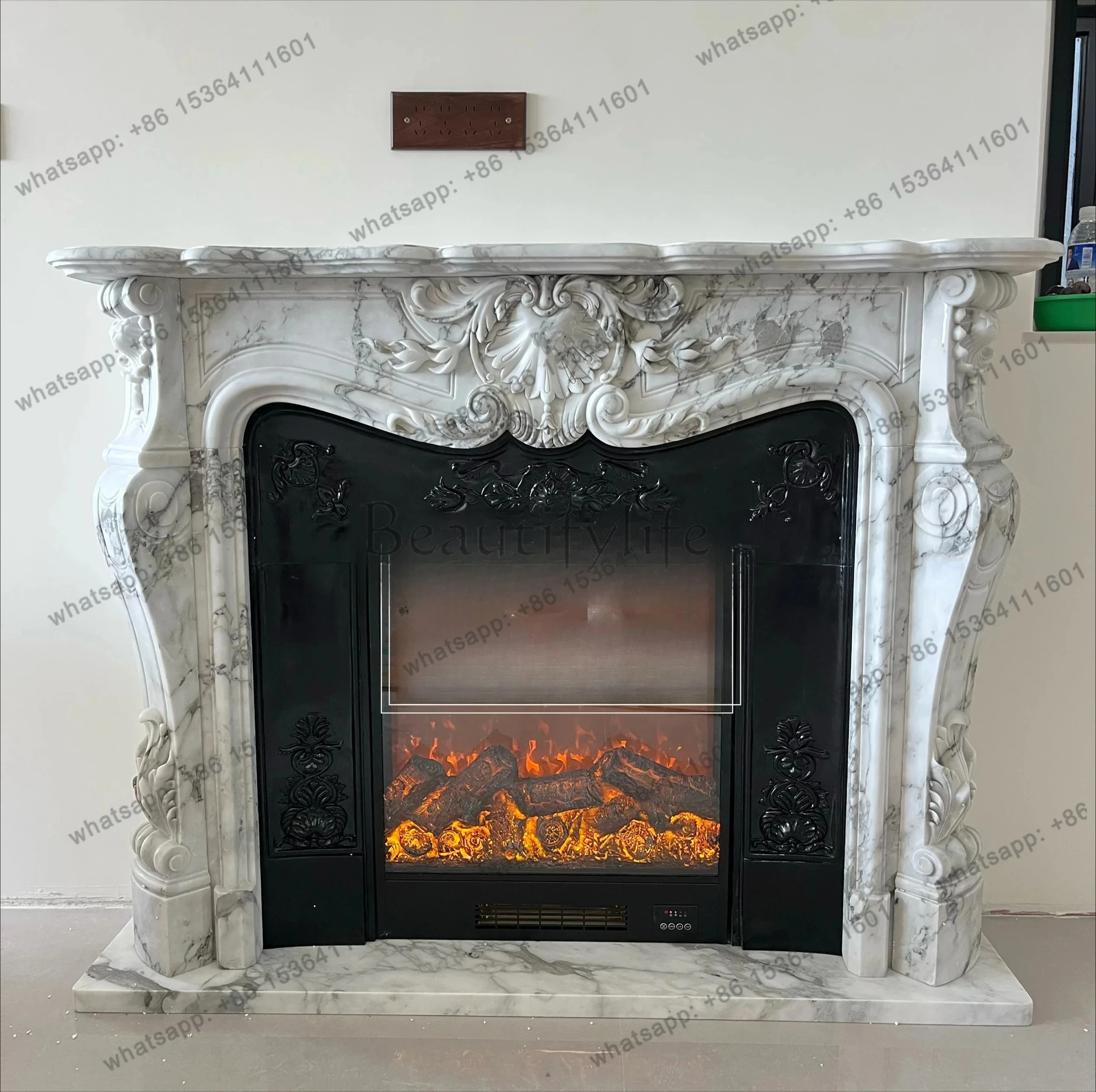 

FG10Fireplace French Minimalist Style Decoration European Large Flower White Fireplace American Marble Fireplace Mantel
