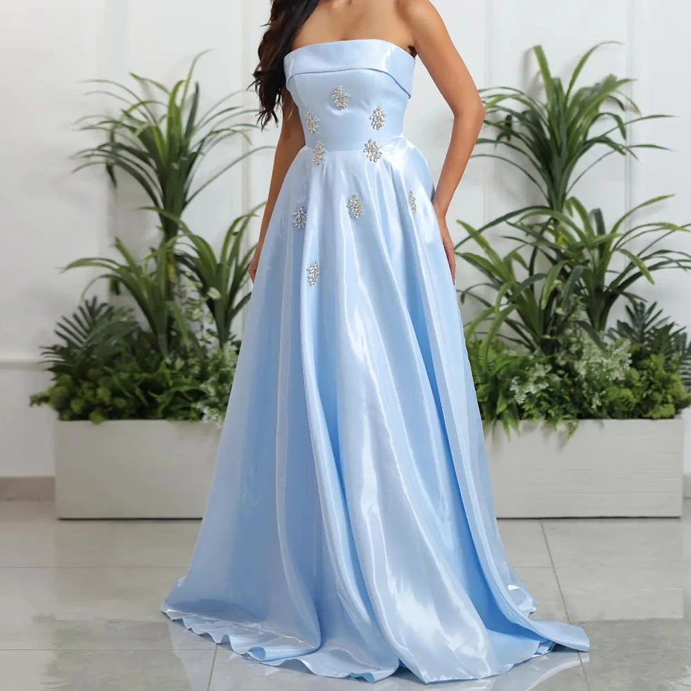 

Sky Blue Exquisite and Elegant Beading Crystal Evening Dresses Sweep Train Sleeveless Satin Strapless Floor Length A-Line 2024